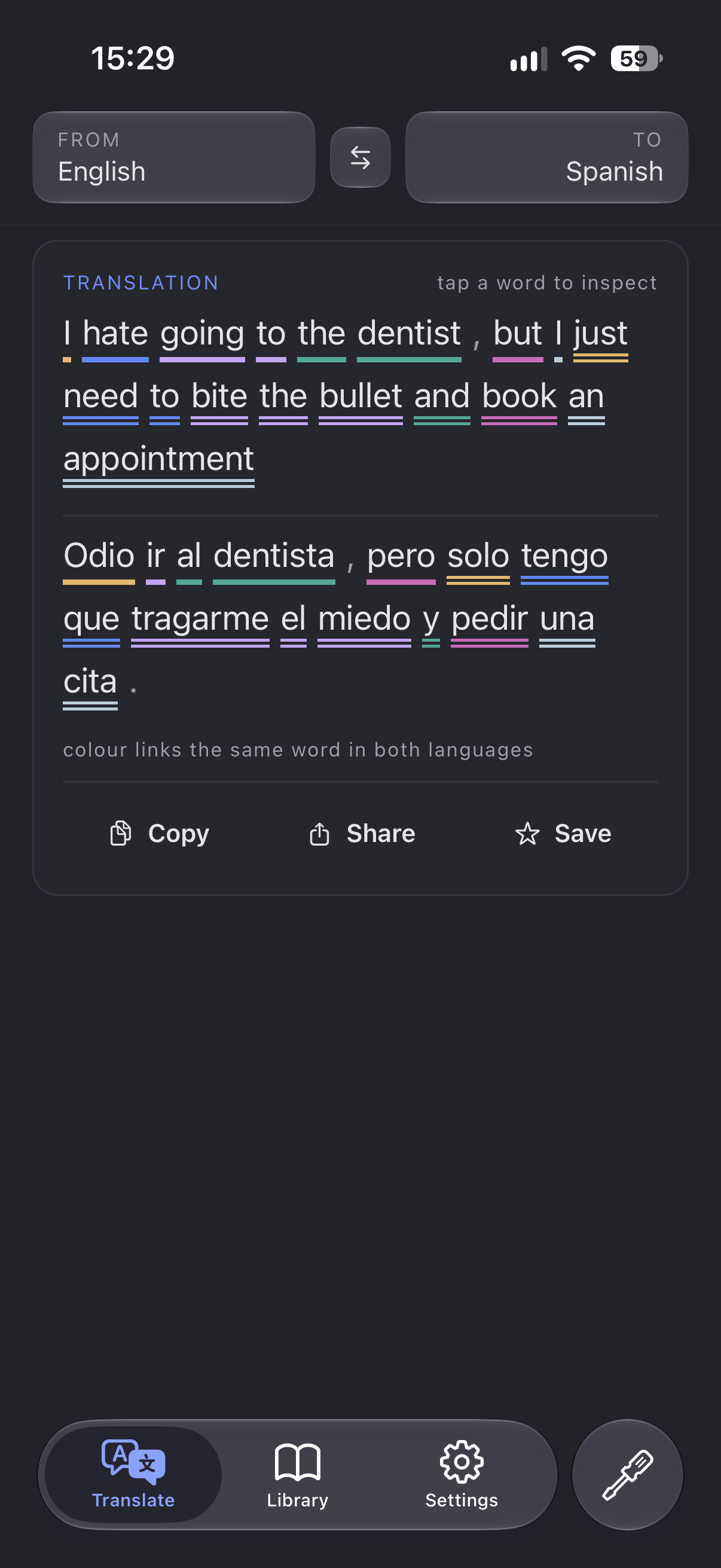 The Janau result screen: an English sentence above its Spanish translation, each matching pair of words underlined in the same colour.