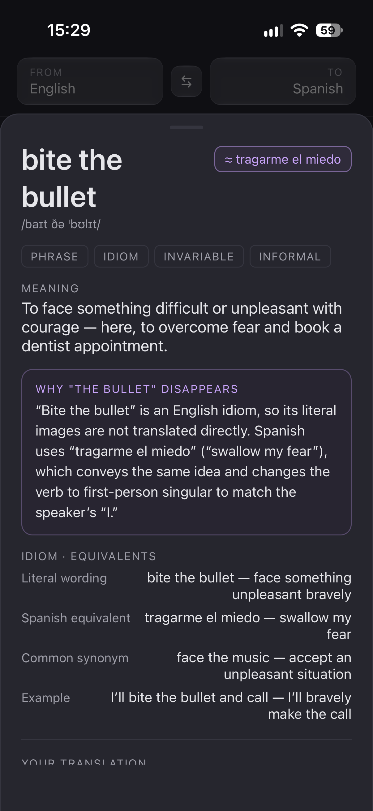 The word detail sheet for “bite the bullet”, showing its meaning, why the idiom changes in Spanish, and a list of equivalents.